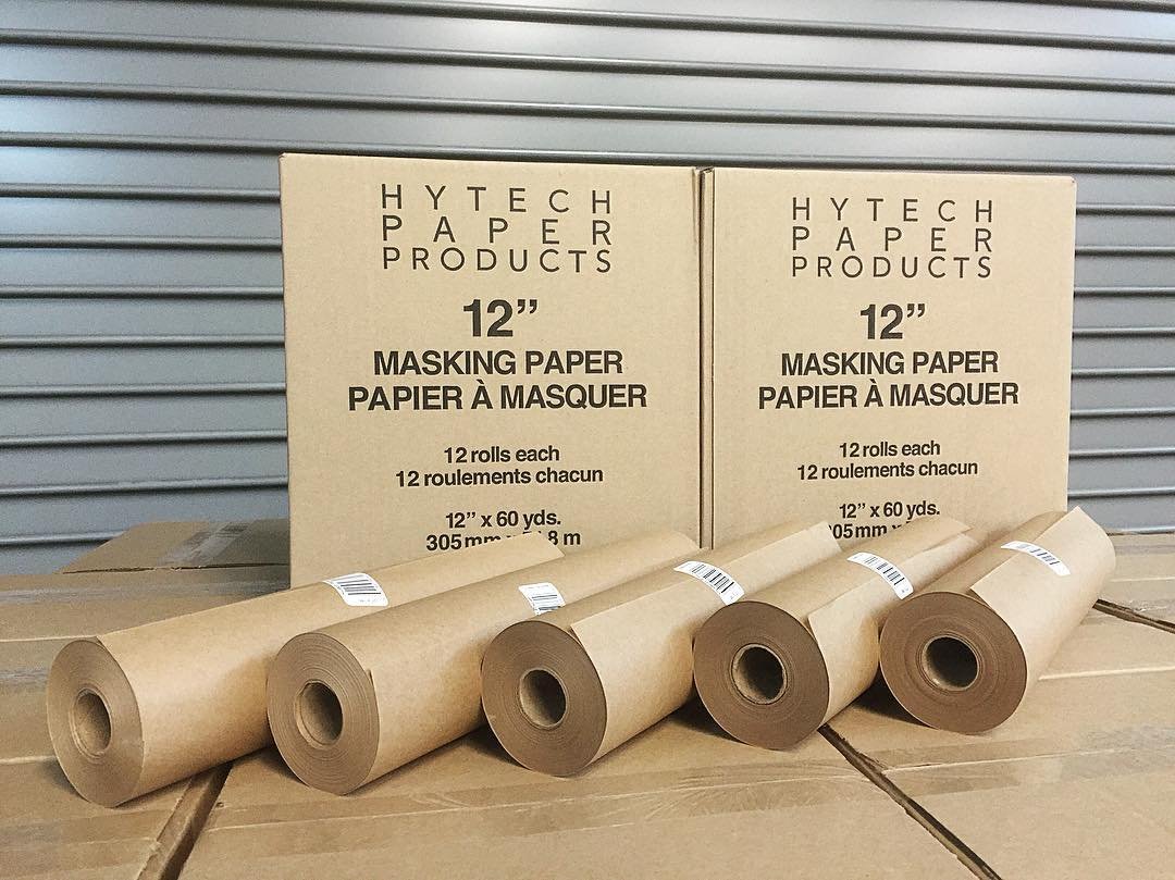 Hytech kraft masking paper rolls displayed in front of branded 12-inch cartons